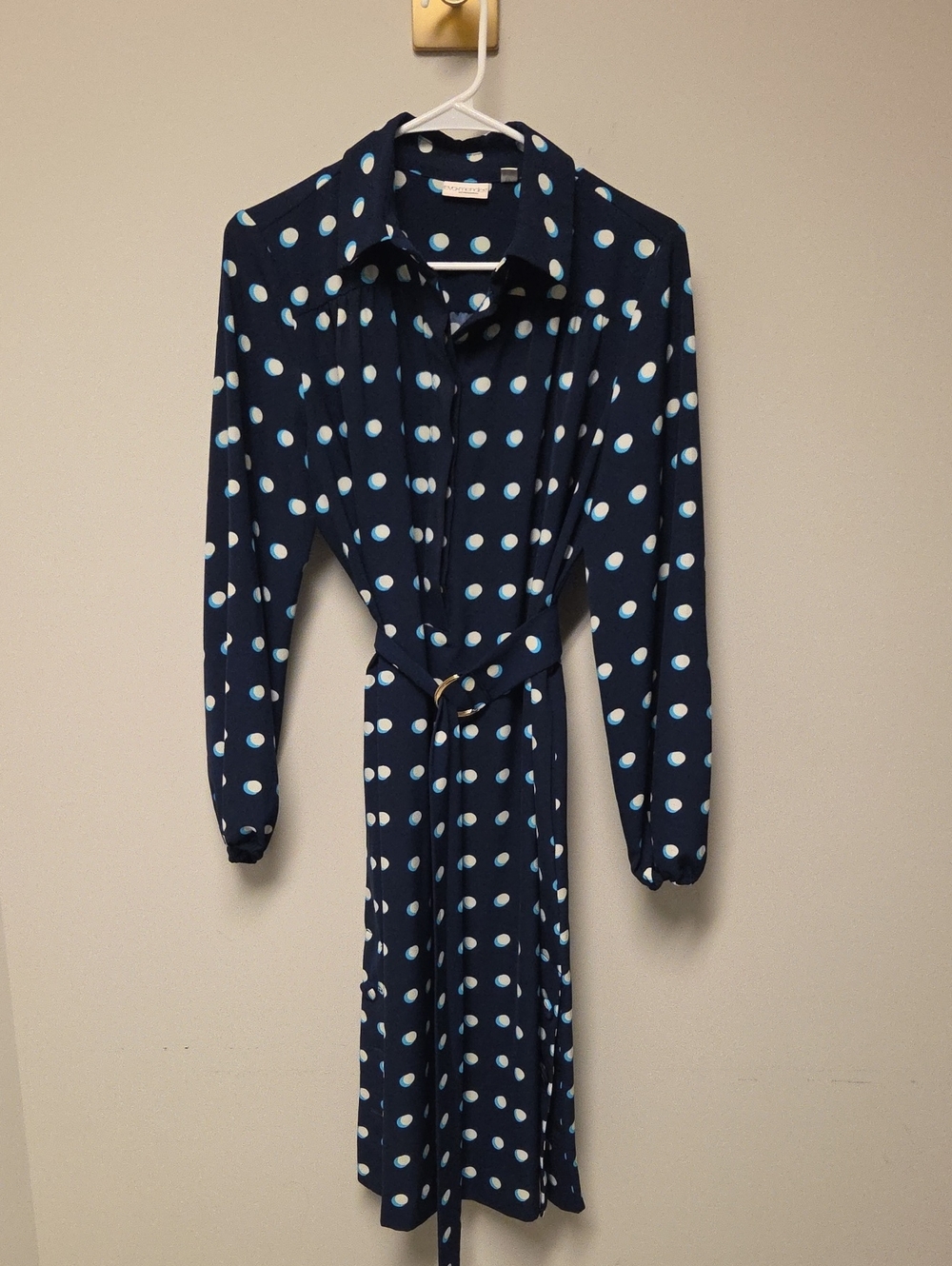 Eva Mendes Blue Polka Dot Shirt Dress With Belt, Women's Medium.